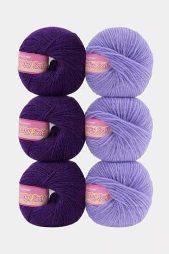 Image of Vardhman BabySoft Knitting Yarn | 100% Acrylic Wool | 4 Ply | Thin Knitting & Crocheting Hook Thread & Lightweight | Special Baby Wool | 150 Grams (6 Balls of 25g) | Machine Washable | Ideal for Blankets, Hats, Booties Ultra-Soft for Baby Sweaters, Blankets, Caps, Socks, Soft toys, Art & craft (Indigo Purple 56 + Iris Purple 17)