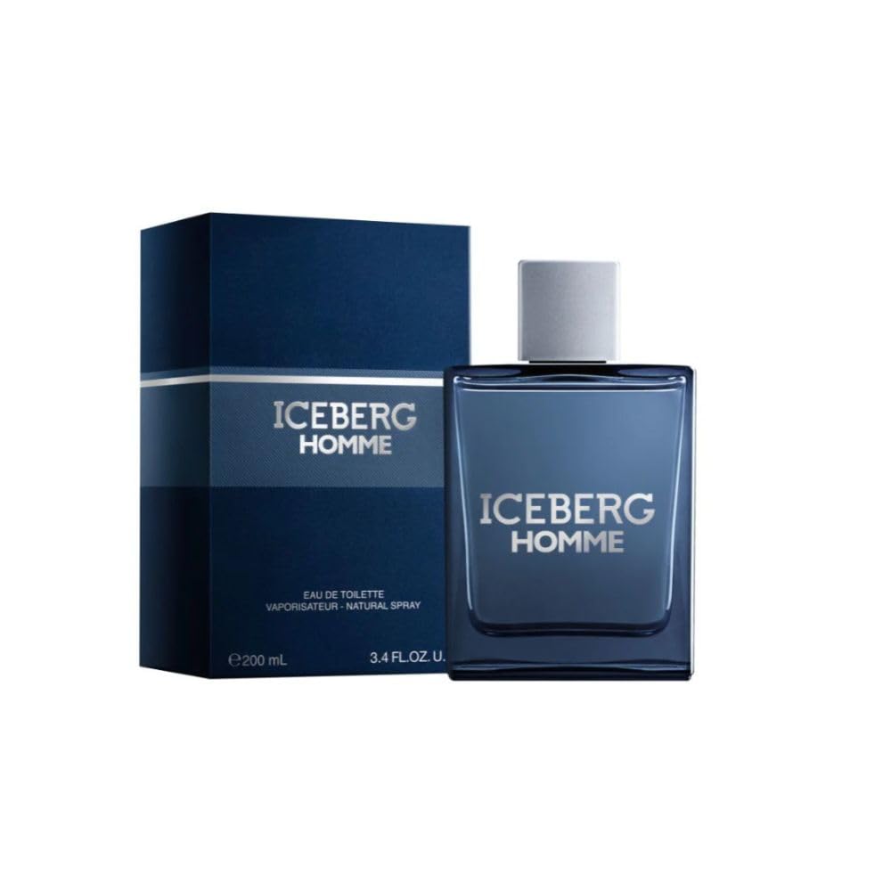 ICEBERG Homme woda toaletowa 200 ml, perfumy dla mężczyzn z nuty Fougère, cytrusowe i drewniane, luksusowa butelka z niebieskiego szkła, minimalistyczny i prostokątny design