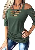 Cut Out Cold Shoulder Square Collar Shirt Women Lacerated 3/4 Sleeve Blouse Cut Out Sexy Hollow Out Casual Tee Tops (Army Green L)