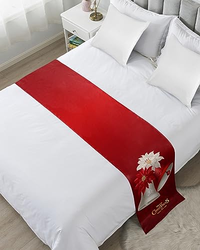 Christmas Bell Bed Runners for King Size Bed, Decorative Bed Throws for Foot of Bed, Poinsettia Red White Flowers Christmas Red Bed Runner Sofa Throw Bedding Scarf Protector Slipcover for Bedroom