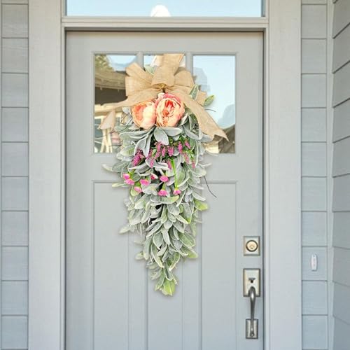 Teardrop Swag Decorative Spring Summer Hanging Decor for Holiday Door Garden, Mixed Floral Flower Teardrop Wreath with Burlap Floral Arrangement for Door Wall Mantel Window - Image 6