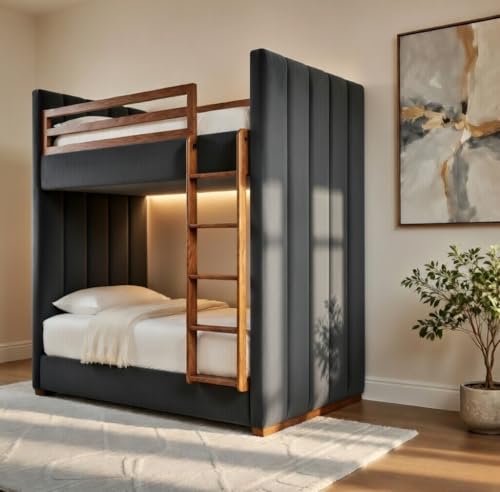 Image of STRATA FURNITURE Solid Wood Velvet Upholstered Bunk Bed with Ladder | Wooden Twin Over Double Bed for Bedroom Living Room and Home (Grey)
