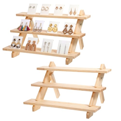 Xosjska 2 Pack 3 Tier Wooden Display Stand, Tiered Earring Display Stand, Detachable Wood Tiered Jewelry Card Displays Stands with Groove Removable Countertop Small Merchandise Displays Stands
