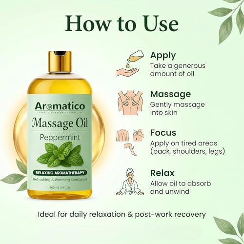Image of AROMATICO Peppermint Massage Oil - Muscle Relaxing Oil with Cooling & Refreshing Feel, with Jojoba & Almond Oils - 300ml