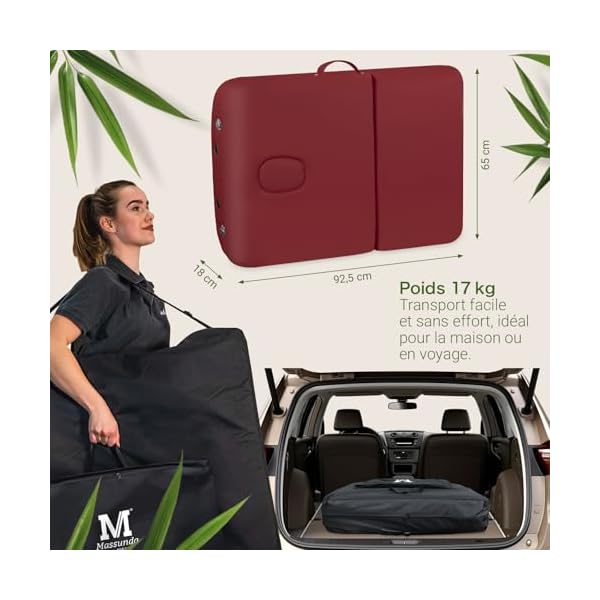 MASSUNDA All INKL Chaise de Massage Pliante et réglable en Hauteur – Table de Massage Mobile en Bois Massif avec Housse en éponge, accoudoirs et dossiers, appuie-tête Ergonomique (Bordeaux)