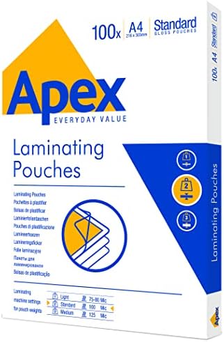Fellowes Apex A4 Laminating Pouches, Glossy Finish, 100 Sheets - Standard - Ideal for Notices, Photos, Creatives, Certificates and Everyday Use