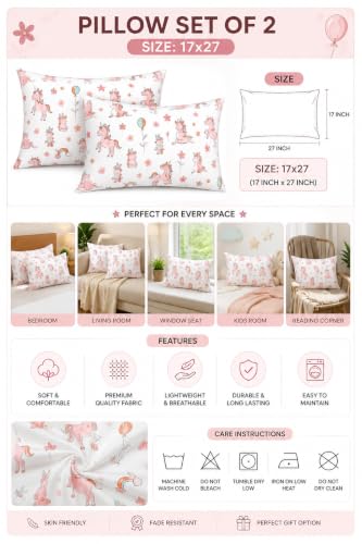 Image of Microfiber Pillow Cover 17x27 Inch (Pack of 2) | Soft & Durable | Ideal for Bed & Sofa Pink Unicorn