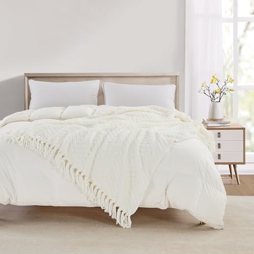 Image of CREVENT 50 inchX60 inch Farmhouse Breathable Soft Chenille Knitted Textured Throw Blanket for Couch Chair Bed, Boho Home Decor for Living Room (Ivory)