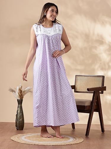 Image of 9shines Label Cotton Sleeveless Nighty | All Over Print Maxi Night wear for Women | Full Length Night Gown Night Dress for Women Stylish (Cotton Sleeveless 25)