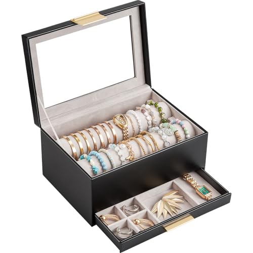 Lolalet Bracelet Holder Organizer with Clear Lid and Drawer, Bangle Storage Box Jewelry Display Holder for Watches, Jewellery Case for Women -Black