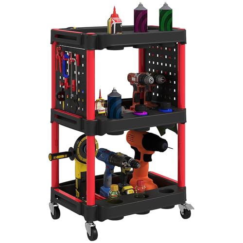 HOMCOM Carrello Porta Attrezzi a 3 Livelli, Carrellino da Officina in Plastica con Pannello Forato Laterale Portautensili, Capacità 91 kg, Nero e Rosso