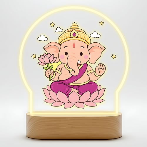 Image of Giftplease Lord Ganesha LED Table Lamp - Warm White Decorative Night Light - Divine Bal Ganesha & Mooshak Artwork for Home, Office, and Pooja Room GL 02