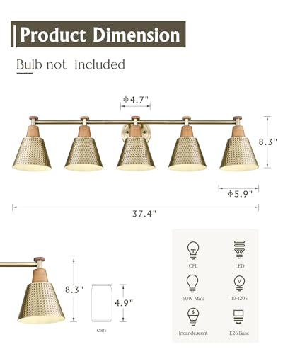 Image of FEMILA Bathroom Light Fixtures, Modern Bathroom Vanity Light with Hammered Metal Shade, Sconces Wall Lighting for Mirror Kitchen Bedroom, Gold, 37 inch