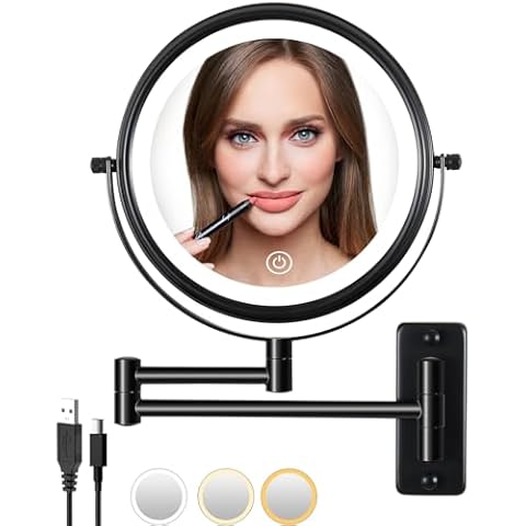 LANSI Rechargeable Wall Mounted Lighted Makeup Mirror, Mounted Makeup Magnifying Mirror with Lights,10X LED Vanity Mirror Wall Mounted, 8" Wall Bathroom Light Up Magnified Mirror (Black) Cover