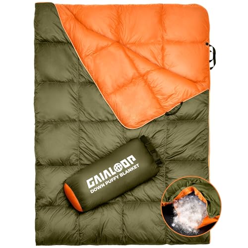 Gaialoop Down Puffy Blanket for Car Camping Outdoor Travel Backpacking, Duck Down Lightweight Portable Soft Warm Cozy Camping Blanket Quilt, 53'x78', Olive Green