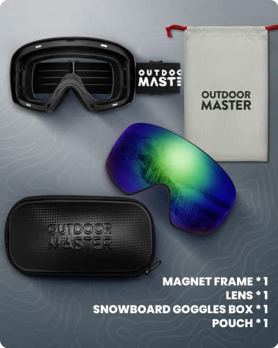 Outdoormaster Ski Goggles Horizon - Snowboard Goggles With Ultra View, Frameless, Interchangeable Magnetic Lens Snow Goggles For Men & Women - Blackframe Revo Green Lens #TOP4