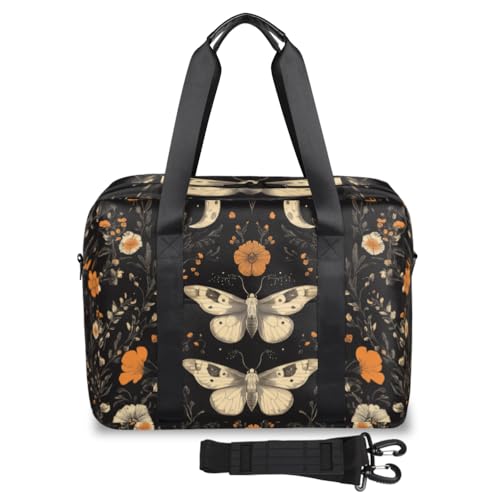 Flowers Moths Travel Duffel Bag for Men Women Vintage Moon Sports Gym Bag Waterproof Weekender Overnight Bags Foldable Carry on Backpack for Swim Yoga Fitness Workout