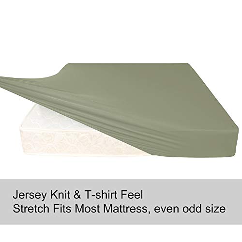 Image of Soft Stretch Twin Fitted Sheet Only - Jersey Knit & Cozy T-Shirt Like, 4-Way Stretchy Snug Fit & Wrinkle Free, No More Slipping Mattress Sheets - Sage Green, Twin