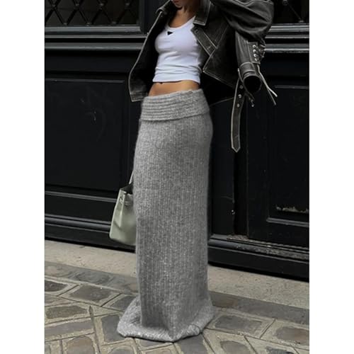 Knit Skirt High Waist Ribbed Stretchy Fold Over Slim Fit Fall Streetwear Casual Elegant Maxi Skirt2