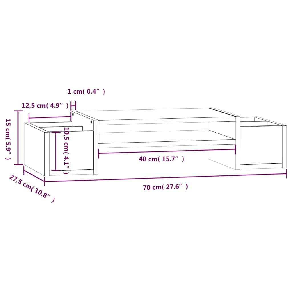 Supporto per monitor in legno di pino massiccio, supporto ergonomico da scrivania con 4 ripiani, 70 x 27,5 x 15 cm