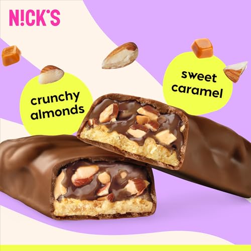 Nick’s Protein Bars Almond Chocolate – 12-Count Box | Protein-Packed Snack, Low Calories, Low Carbs, Keto Friendly, No Added Sugar (12 bars x 50g)