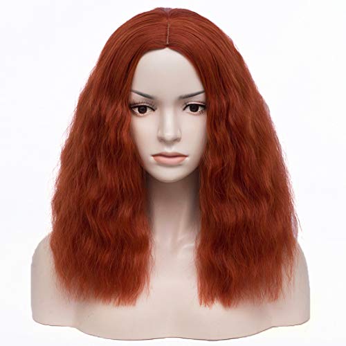 BUFASHION 16" Women Short Wavy Curly Wig Red Brown Bob Wig Cosplay Halloween Synthetic Wigs 21 Colors Available (Red Brown)