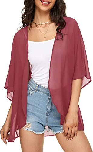 Image of Indian Trendy Women's Solid Puff Sleeve Kimono Cardigan Loose Cover Up Casual Blouse Top Chiffon