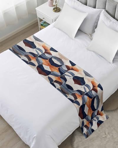 Navy Blue Burnt Orange Bed Runner for Full/Queen Size, Retro Geometric Abstract Bedspread Protector Slipcover Bed Scarf for Foot Runners & Scarves for Bedroom Hotel Wedding Room 83x20 Inches