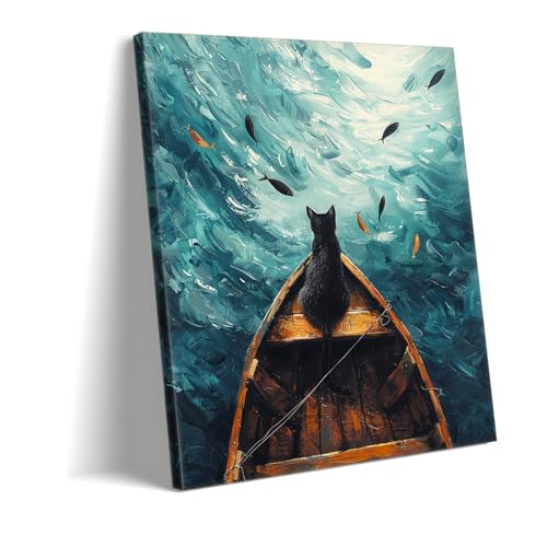 Tableau sur toile chat dans le bateau décor océan turquoise 100x160cm