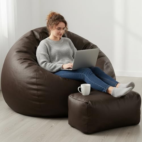 Image of Luxury 5XL Jumbo Bean Bag with Footrest & Cushion | Premium Leatherette | High-Density Beans Filled | Heavy Duty Double Stitch | 6 Months Warranty Color- (Navy Blue) (Dark Brown)