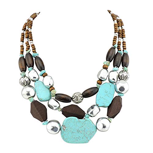 Bocar Multi Layer Simulated Turquoise Necklace 3 Strands Statement Chunky Necklace For Women Gifts (124) #TOP28