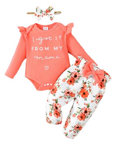 Image of OLLUISNEO Baby Girl Clothes Newborn Infant Fall Outfit Romper Winter Floral Pant Set Headband 3 Pcs Clothes for Girl