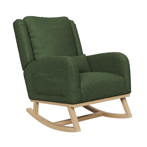 Lazyspace Mecedora verde de peluche, silla de relax, sillón de salón, silla de lactancia, silla mecedora, con bolsillos laterales y base de madera, para salón, dormitorio, balcón, capacidad de carga