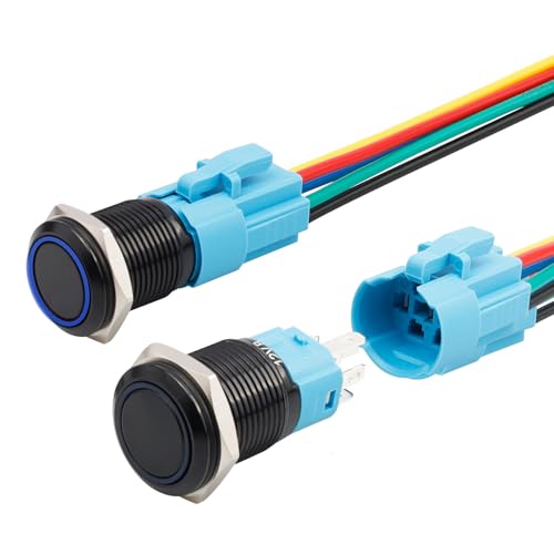 Bestgle 16mm Momentary LED Push Button Switch, IP65 Waterproof 1NO 1NC 5 Pin ON/OFF Switch Start Button with Wired Socket Plug for 5/8 Mounting Hole, Blue LED Ring 12V