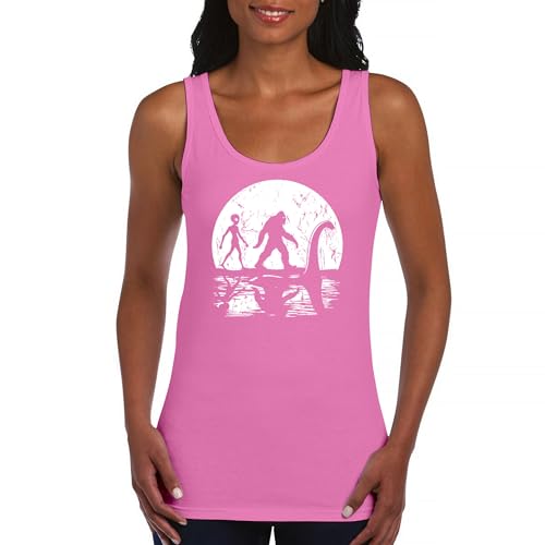 Alien Bigfoot Loch Ness Monster Moon Women's Tank Top Funny Space UFO Hunter Sasquatch Yeti Dinosaur Nerd Believe Hot Pink X-Large