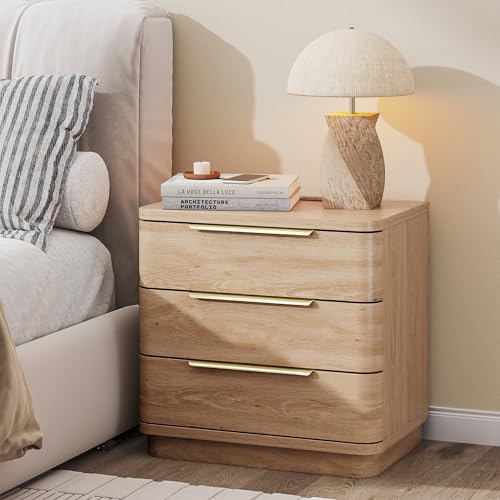 Image of Nightstands Set of 2, Bedside Table with 3 Storage Drawers, 24 inch Tall Wood Night Stand with Charging Station, Modern Wide End Table Side Table W /Metal Handle Curved Profile for Bedroom