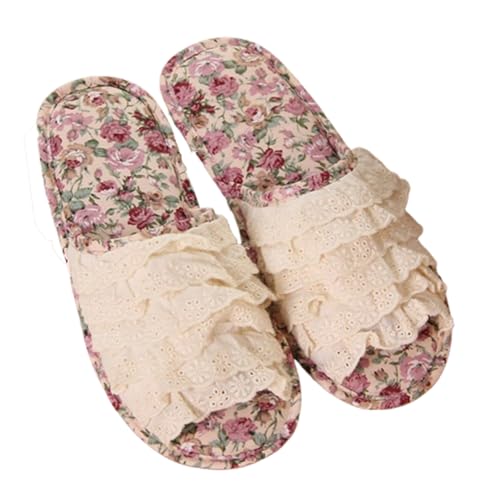 Floral Print Lace Slippers for Women Comfortable Washable Breathable Soft Cotton Indoor Slide Slip on Open Toe Home Shoes