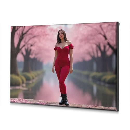 Tableau femme robe rouge art mural toile décoration cerisier en fleur japonais 30x40