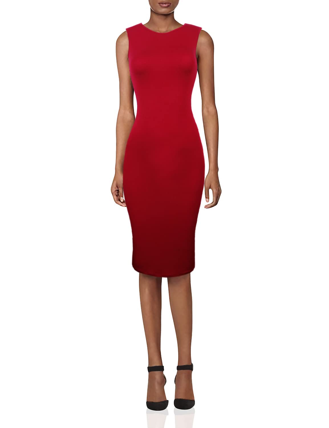 TAM WARE Women's Classic Slim Fit Scoop Neck Sleeveless Bodycon Midi Dress