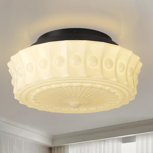 Image of White Milk Glass Ceiling Light Fixture, 13.8'' Flush Mount Lighting for Bedroom, Hallway, Kitchen & Dining Room, Vintage Mid Century Design, 4 LED Bulbs Included, Ideal for Modern Farmhouse