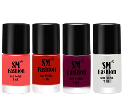 Image of Nail Polish Combo Set (Pack of 4) Quick Dry Gel Finish Nail Paint | Light Pink,Red Orange,Mulberry,White | 7 ml Each