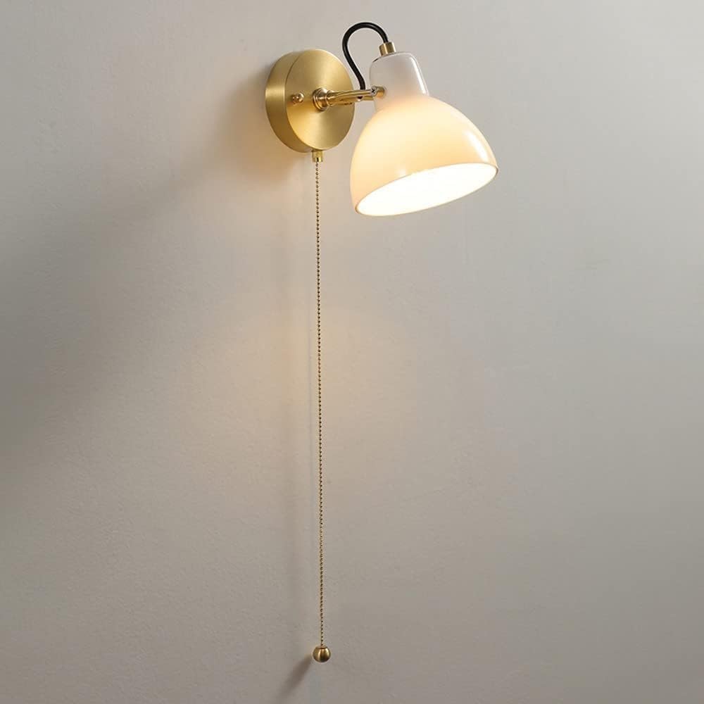 JKJZSALJ White Glass Wall Sconce Modern Copper Wall Lamp with Pull Chain Switch Indoor Wall Light, Indoor Wall Mount Lighting Fixtures,Brass Base,Brass Base