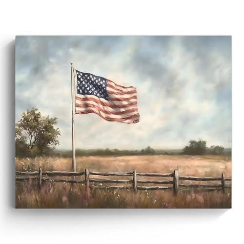 Image of Memorial Day Canvas Wall Art, Rustic American Flag in Countryside Field Poster, Patriotic Landscape Print, Vintage USA Flag Framed Artwork for Veterans and Independence Day Decor 8x10inch