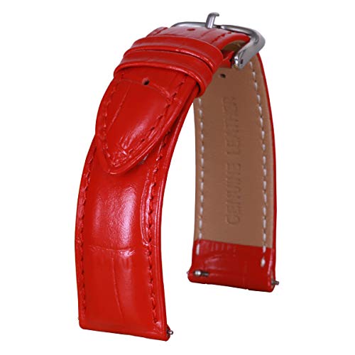 PESNO Genuine Leather Replacement Watch Band Calf Skin Watch Strap Pearl Pink Bright White Red Women Strap 12mm 14mm 16mm 18mm 19mm 20mm 21mm 22mm (18mm, Red)