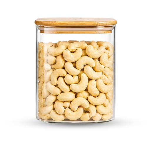 Image of Airtight Square Glass Storage Jar with Bamboo Lid, 950ml Multipurpose Kitchen Container for Coffee, Tea, Sugar, Masala, Spices & Dry Fruits | Modern Transparent Pantry Organizer (Pack of 1)