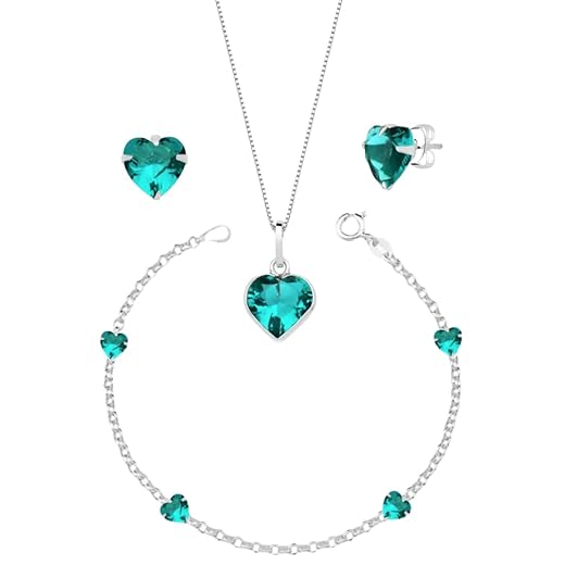 Conjunto Kit Colar Brinco e Pulseira Prata 925 Legítima Coração Verde Água