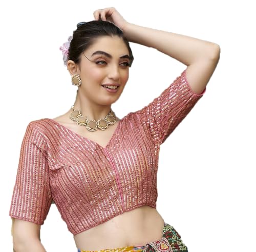 Image of Pujia Mills Women's Indian Ethnic Wear Designer Silver Sequence with Matching Embroidered Work Deep V Neck Half Sleeve Readymade Padded Saree Blouse Readymade Unique Color Saree Blouse