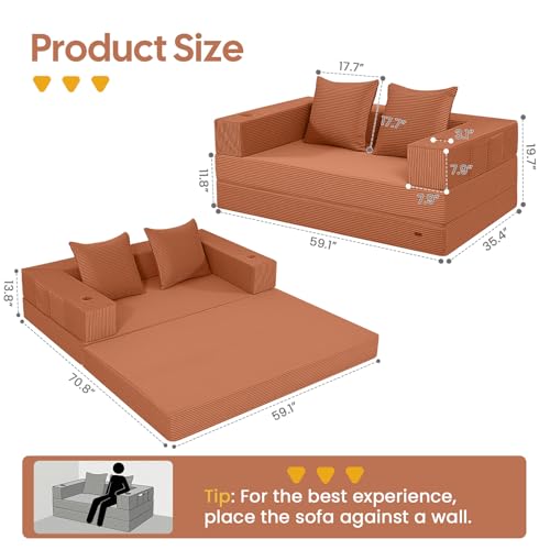 Image of COMAX Futon Sofa Bed, Convertible Sofa Bed, Folding Boneless Couches | Boneless Couch for living room, Fold Out Small Foldable Loveseat Floor Sleeper Mattress Lounge Space‑Saving, Light Orange