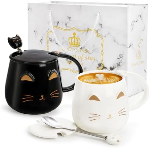 Nicunom 2 Pack Ceramic Cat Mug with Gift Box, Coffee Mugs for Cat Lovers Couples, 13.5 Oz Mug with Lid & Spoon, Cute Cat Mug Gifts for Wedding Birthday Mother's Day Father's Day