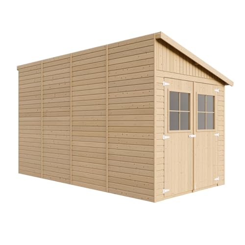 Abri de Jardin en Bois Naturel(avec paroi latérale) - Stockage extérieur avec fenêtres-H244x218x416 cm/8 m2, Hangar en Bois Naturel - Atelier Rangement...